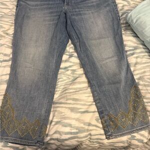 White House Black Market Blue Jeans with Gold Embroidery